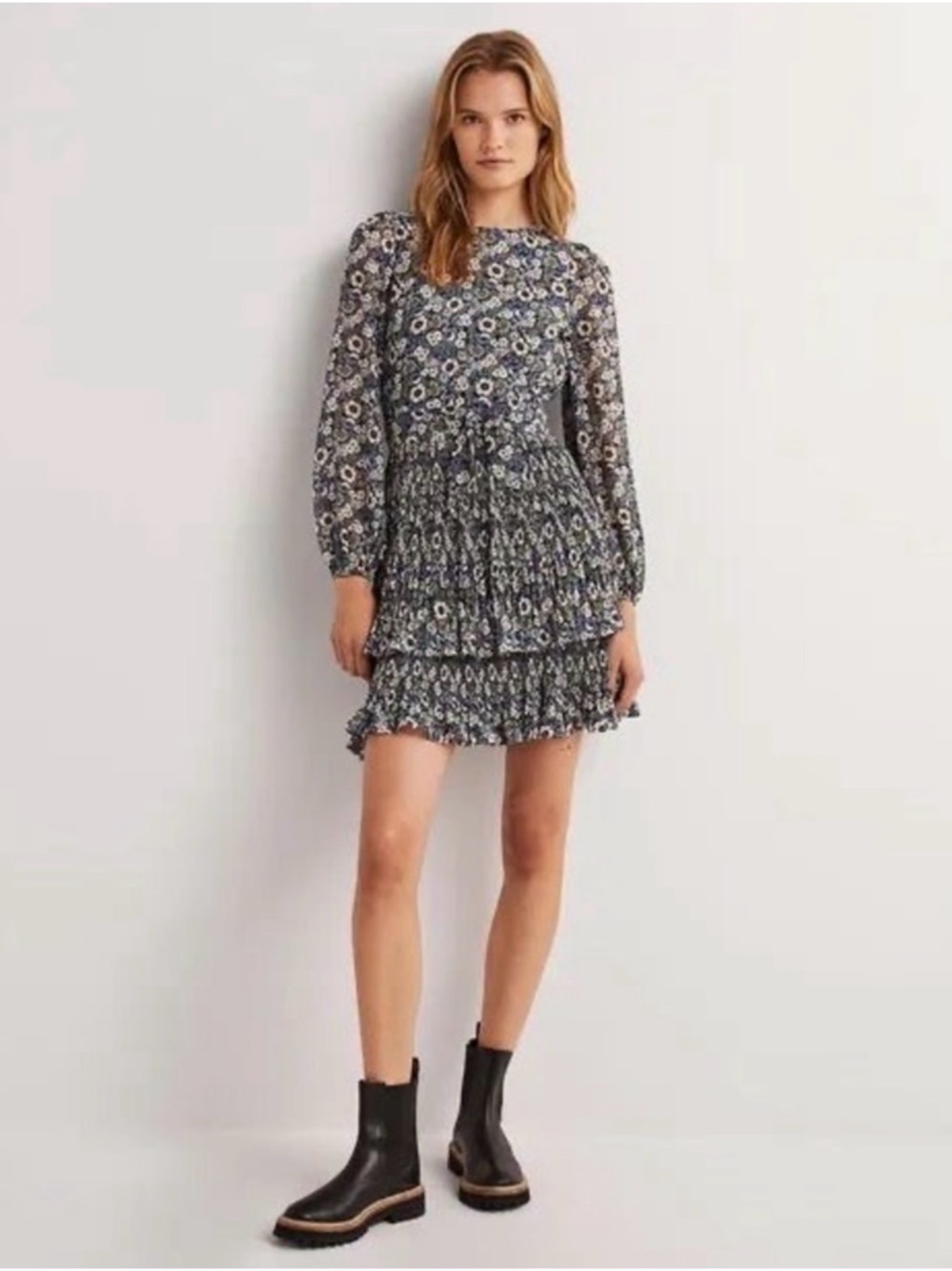 Boden Floral Micro Pleat Tiered Long Sleeve Dress Cottagecore Whimsical Elegant* - Picture 2 of 9
